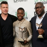 Producer Pitt, actress Nyong'o and director McQueen pose with their awards for "12 Years a Slave" backstage at the 2014 Film Independent Spirit Awards in Santa Monica